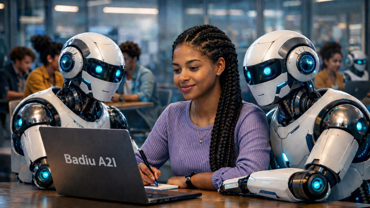 Estudante escrevendo à mão enquanto dois assistentes de IA acompanham o trabalho em um notebook Badiu A2i, representando a IA como copiloto do processo pedagógico.