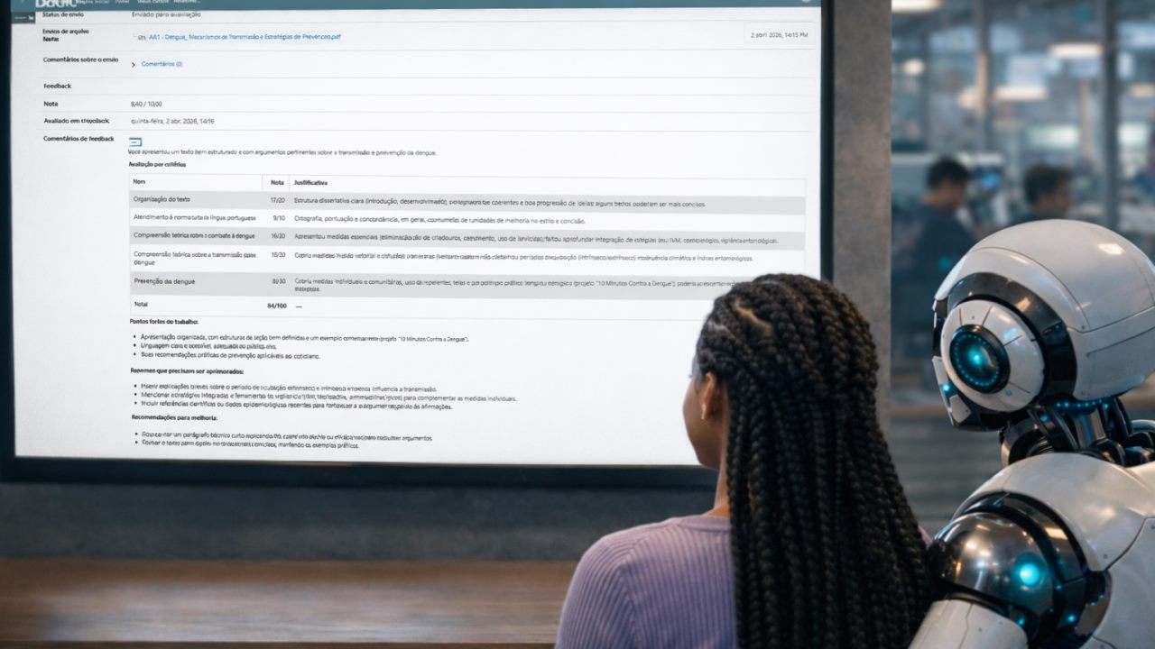 Feedback por rubrica no Moodle: tabela com critérios de organização do texto, norma culta, compreensão teórica, transmissão e prevenção da dengue, cada um com nota e justificativa, totalizando 84 de 100 pontos, seguido de pontos fortes e recomendações de melhoria.