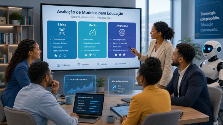 Ilustração de uma equipe gerenciando e escolhendo diferentes modelos de inteligência artificial conforme o contexto de cada tarefa.